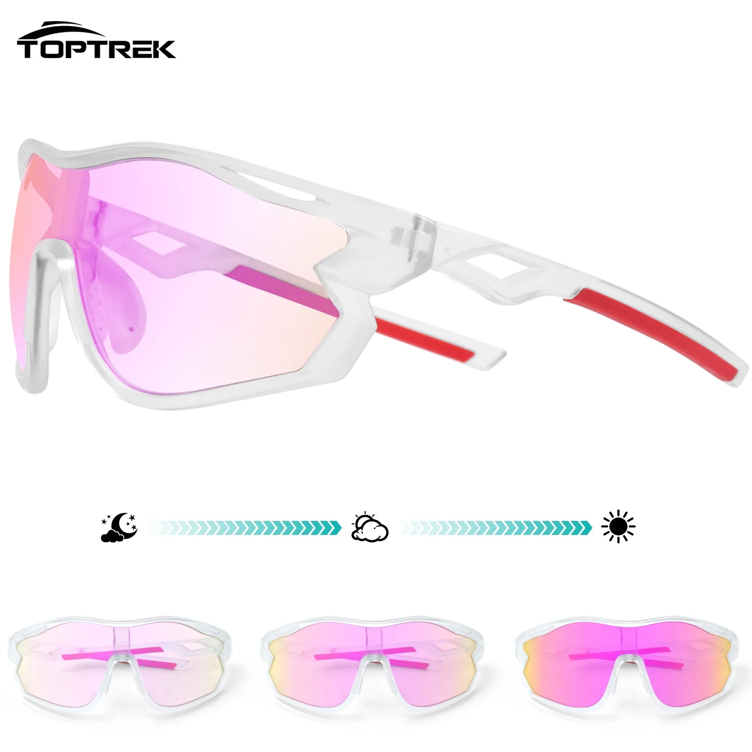 Toptrek Polarized Photochromic Cycling Sunglasses UV400 Sports Glasses Men Women Windproof Eyewear for MTB Road Bike Outdoor MTB Zpaxo 03 Transparent Pink
