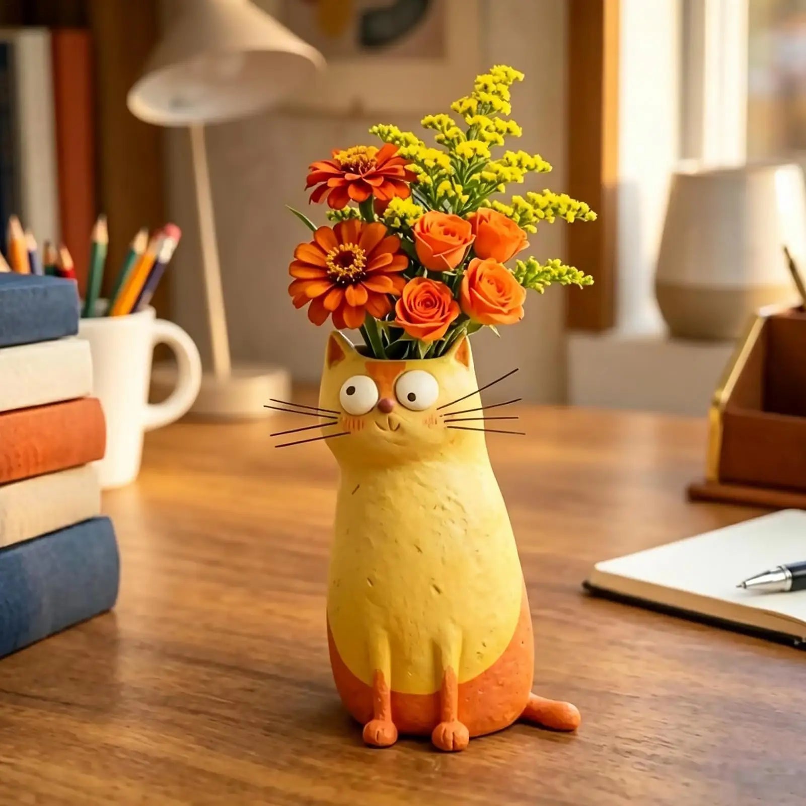 Cat Flower Vase Cute Whimsical Handcrafted Resin Handmade Kitty