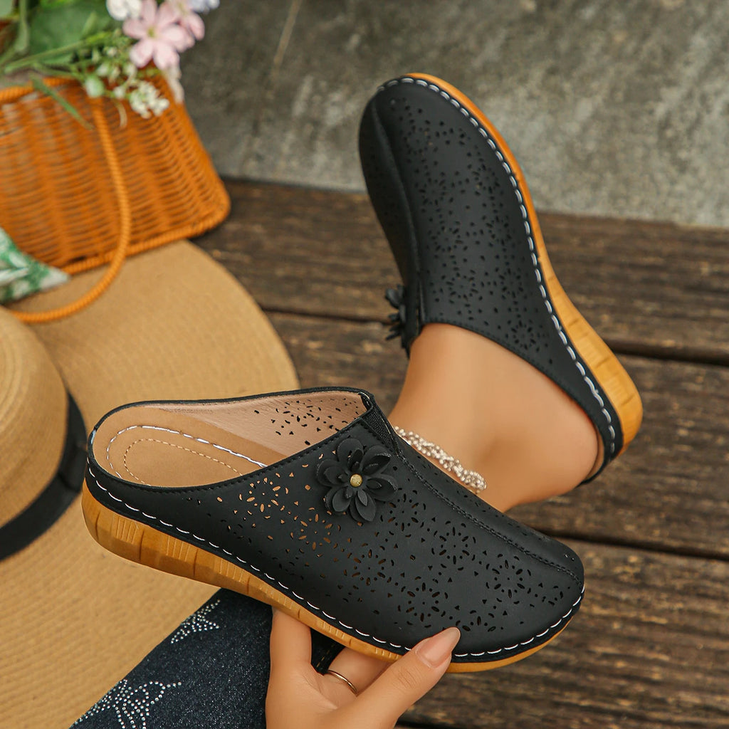 Women Sandals Breathable Hollow Out Mule Slippers Summer Retro Closed Zpaxo black 36