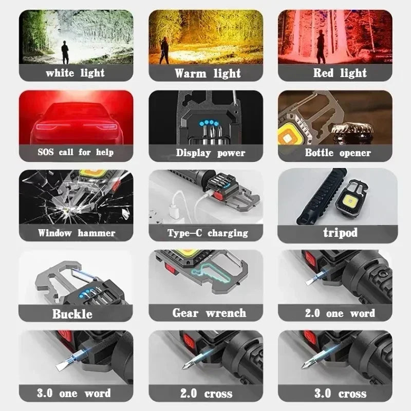 COB LED Keychain Flashlight 500LM – 7 Modes, Bottle Opener & Hammer