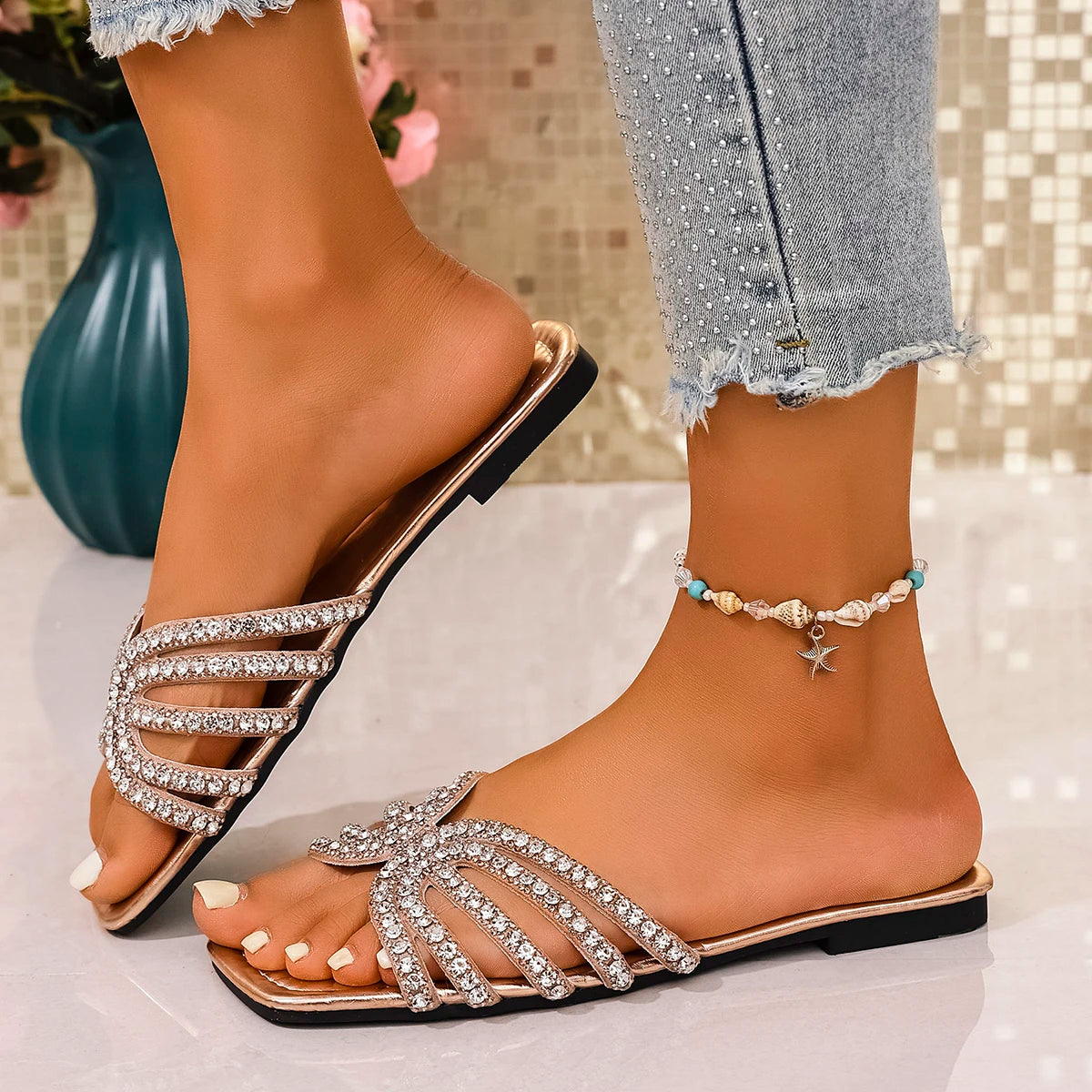 Women Slippers Shiny Rhinestone Sandals Fashion Square Toe Outdoor Zpaxo