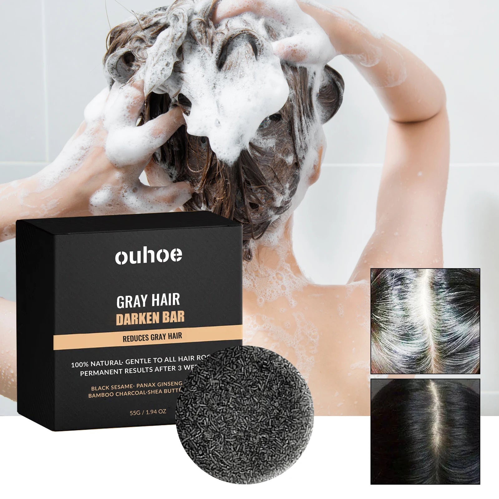 Ouhoe Black Hair Soap Natural Darkening Bar Hair Growth Stimulating Shampoo Bar For Gray Restoration Nourishing Scalp Care 55g Zpaxo