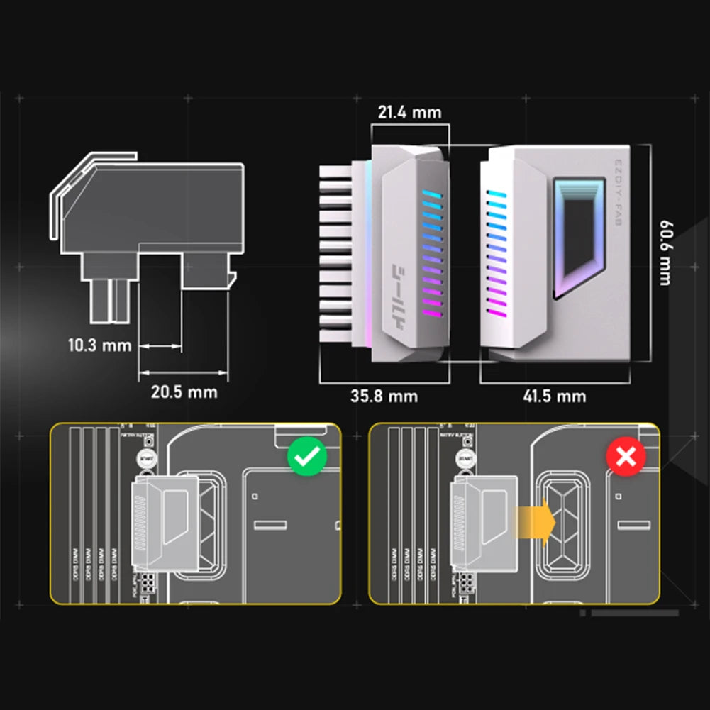 ATX 24 Pin To 180 Degree Power Plug Adapter with Infinity Mirror ARGB Light Mainboard Motherboard Power Supply Cable Modular Zpaxo