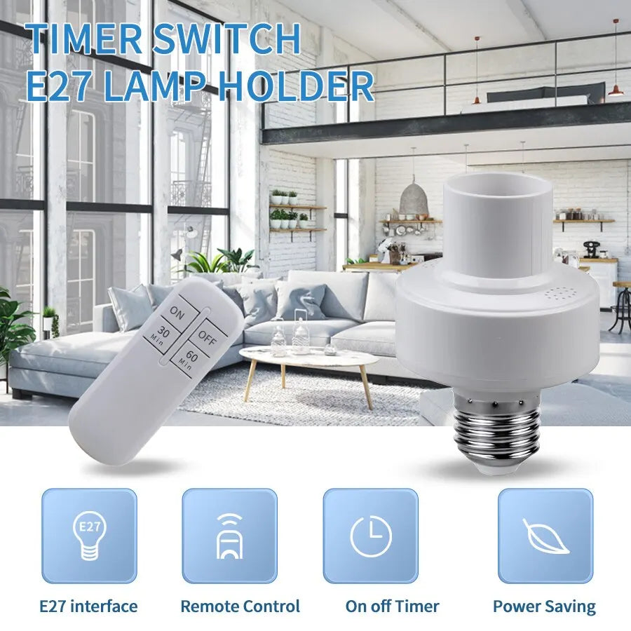 Smart Timer Switch Wireless Remote Control E27 15m Range Lamp Holder
