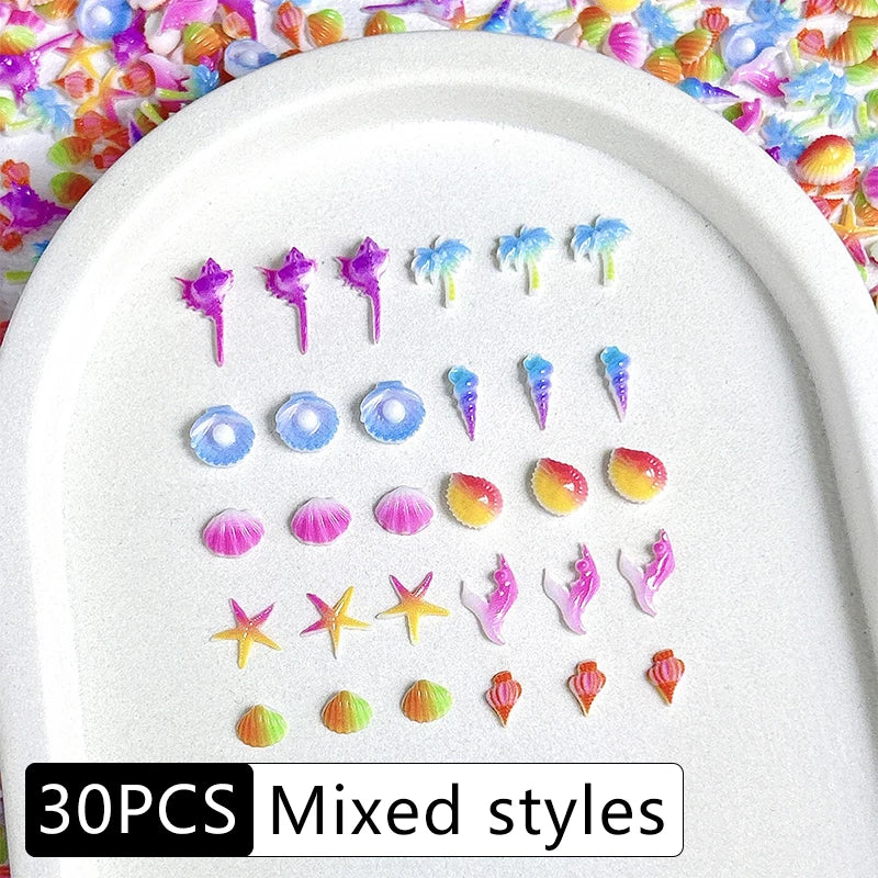30PCS 3D Ocean Series Resin Nail Charms Summer Nail Rhinestones Creative Starfish Shell Nail Art Decorations for DIY Manicure Zpaxo Color mixing-30pcs