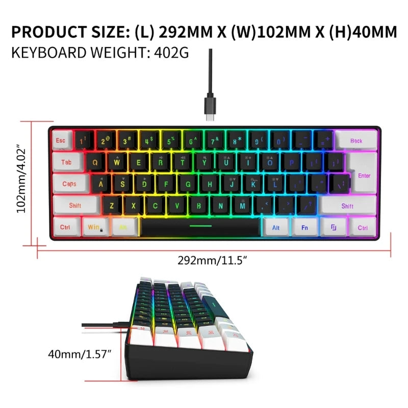USB Wired Gaming Keyboard 61 Keys Compact Mini Office Desktop