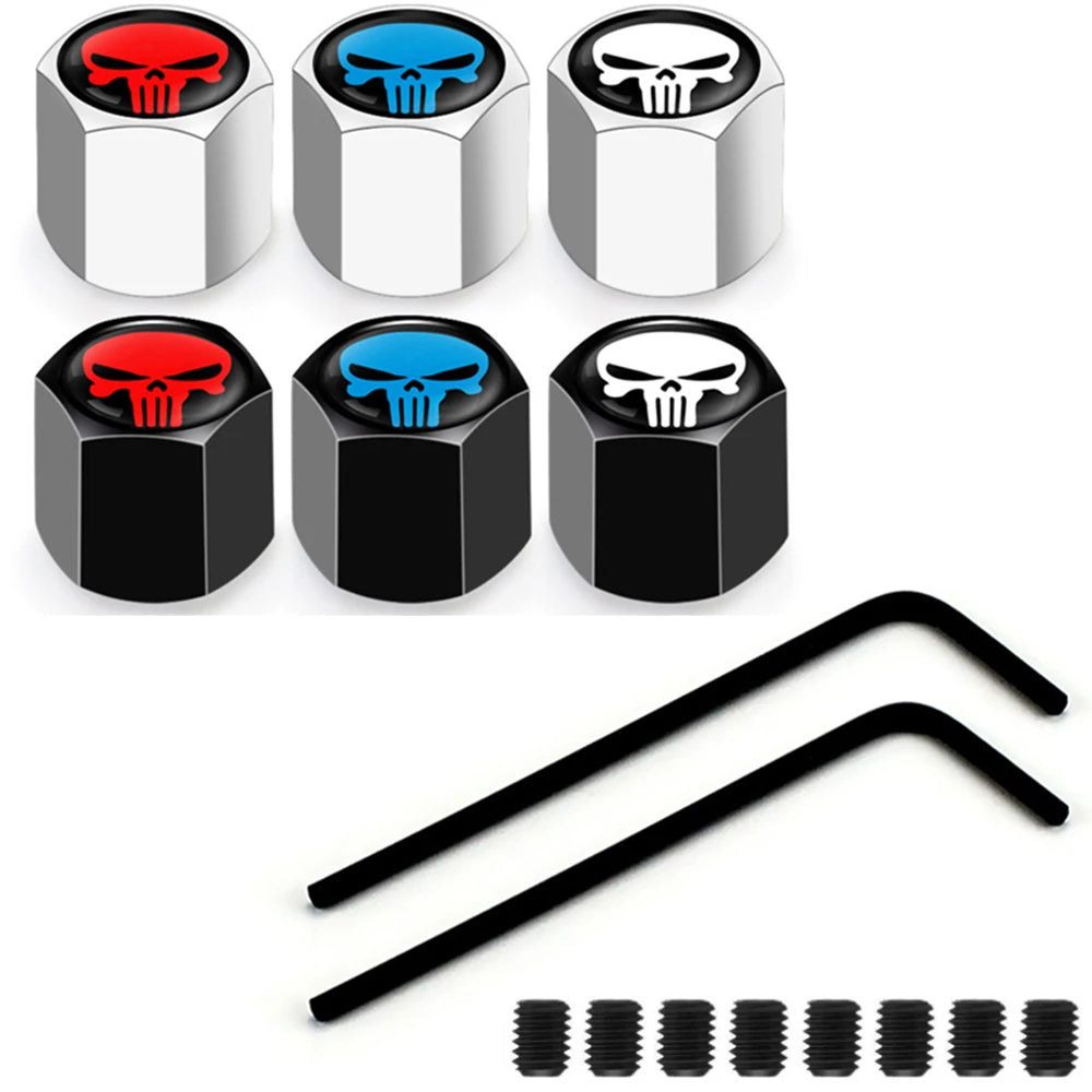 4-Pack Skull Zinc Alloy Tire Valve Stem Caps – Anti-Theft