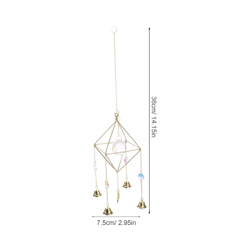 Golden Metal Bell Wind Chime Crystal Suncatcher Pendant Clear Melodic