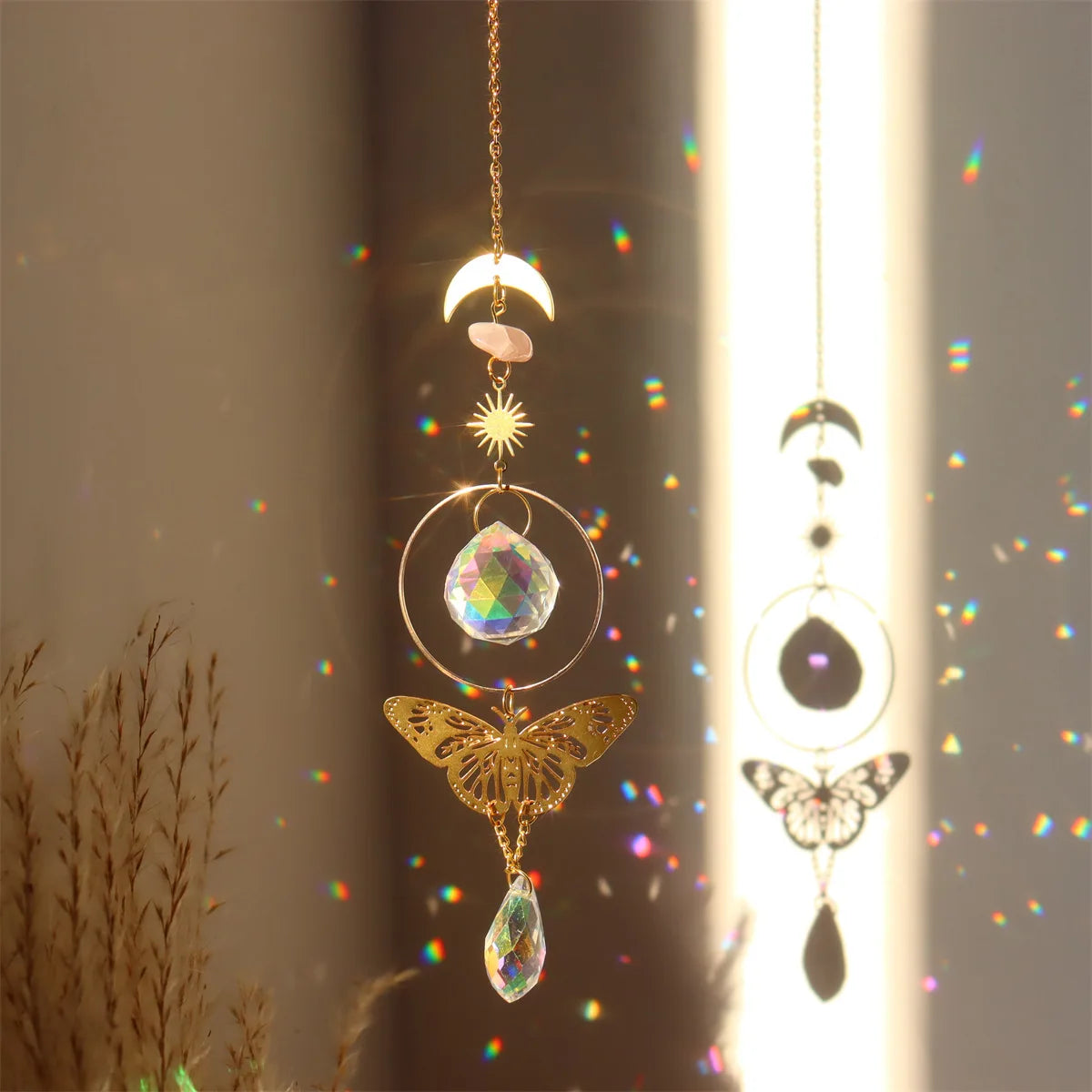 Brass Butterfly Crystal Sun Catcher – Rainbow Window Hanging Decor