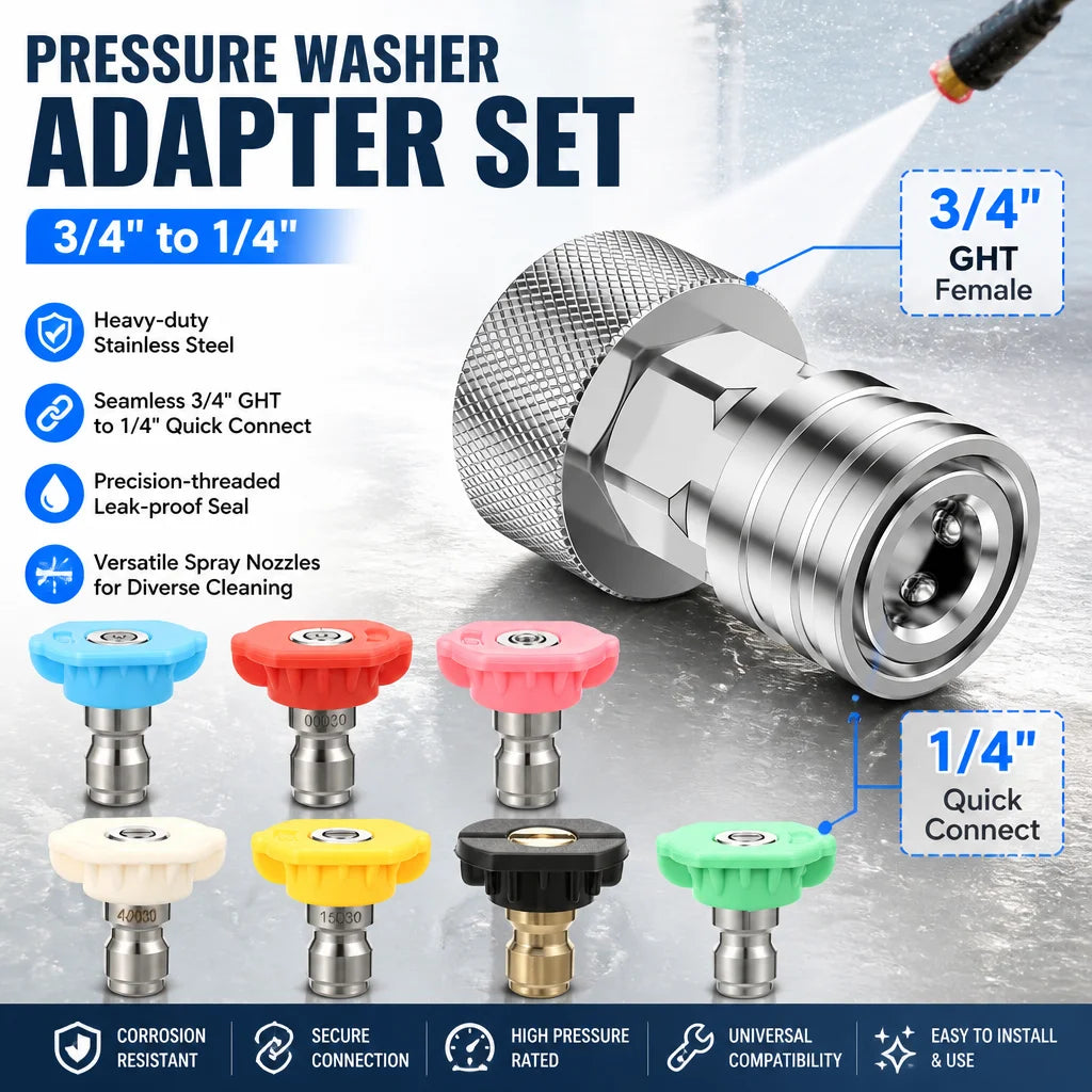 Garden Hose Power Washer Adapter 3/4 GHT to 1/4 Quick Connect Leak Leak Proof Stainless Steel Coupler with Spray Nozzle Tips Set Zpaxo