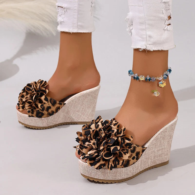 Women Sandals Comfortable Sexy Leopard Bow Sandals Trend Soft Wedges Slippers Casual Beach Shoes Flower Big Size Shoes Women Zpaxo
