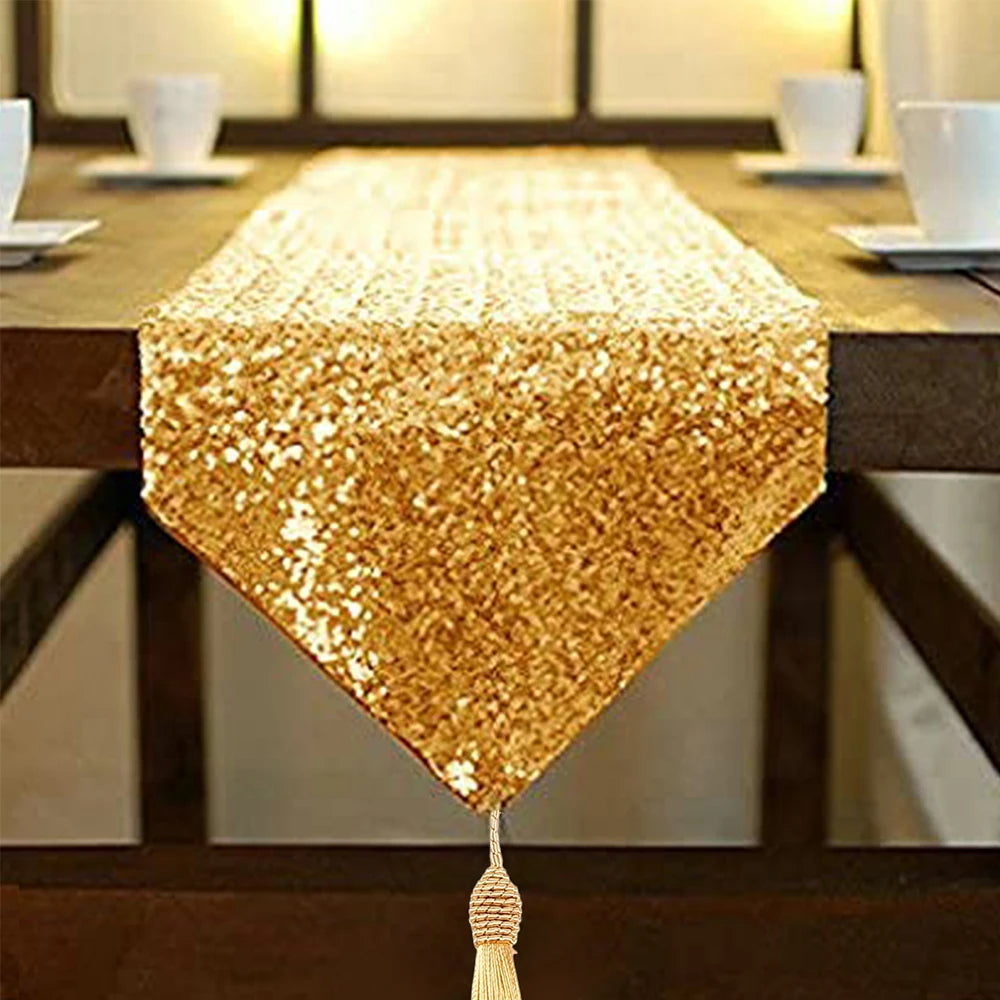 Sequin Table Runner Glitter Tassel Table Runner for Birthday Party Wedding Table Decoration 30x180cm Zpaxo Golden