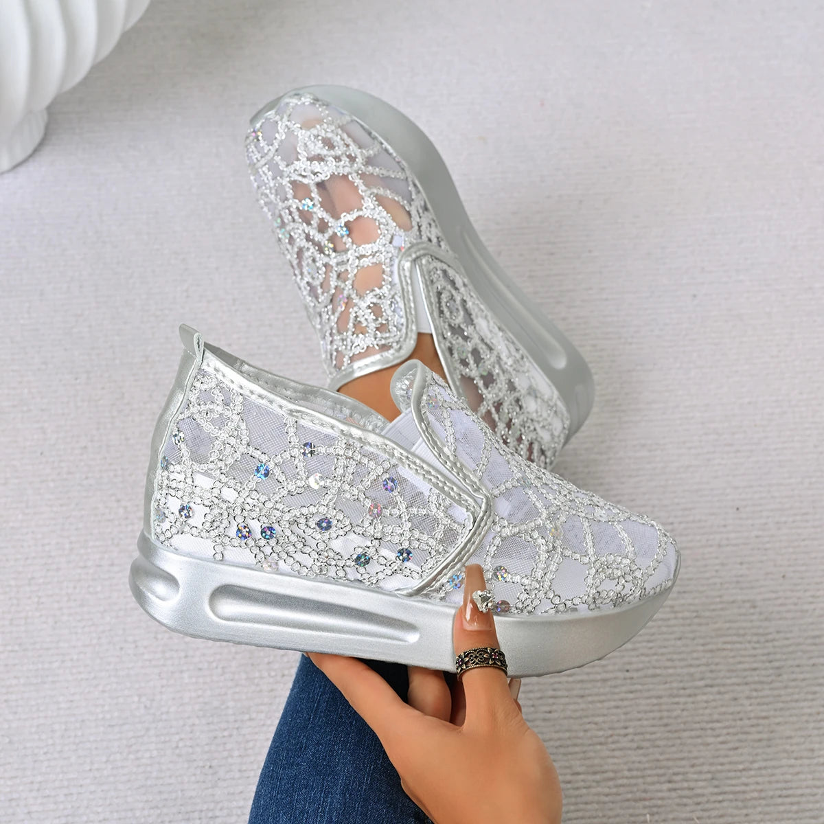 Platform Wedges Women Sneakers Comfortable Lightweight Embroidery Mesh Sneakers Women Slip on Casual Comfy Heeled Shoes Woman Zpaxo