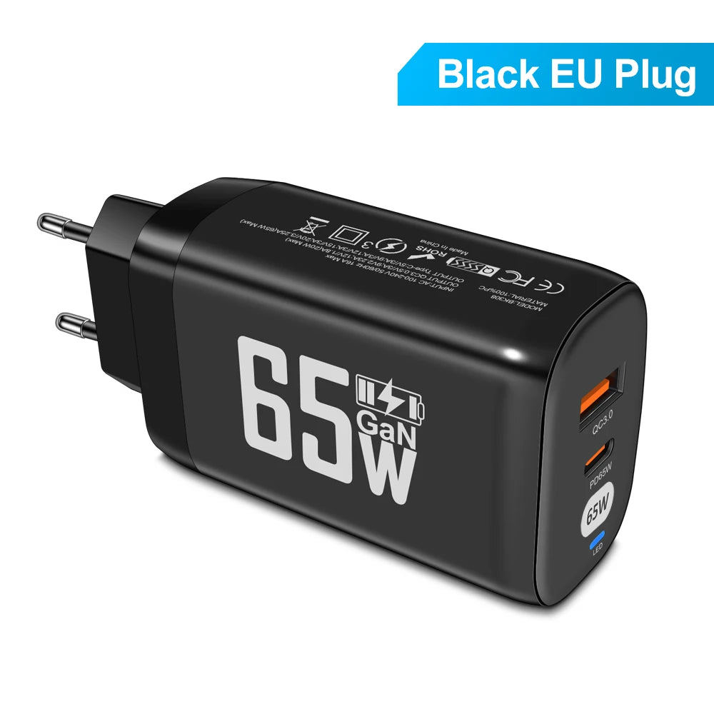 65W GaN USB-C Charger & Cable – MacBook, Lenovo, Xiaomi USB-C GaN Charger Zpaxo Black EU Plug
