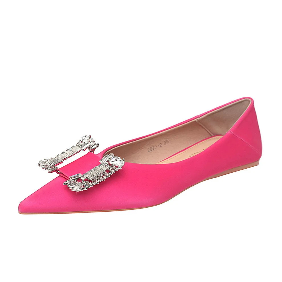 Flat Shoes for Women Spring and Autumn 2025 New Pointed Toe Metal Rhinestone Buckle and Satin Mouth Flat Heel for Women Zpaxo