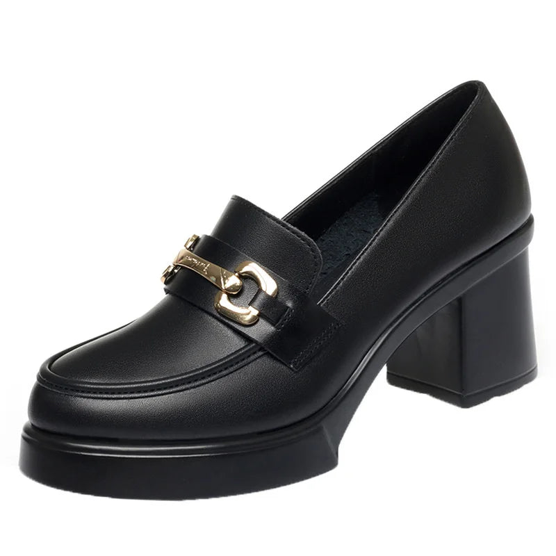 Heels Work Shoes Black Metal Buckle Loafer Catwalk Women's Leather Zpaxo
