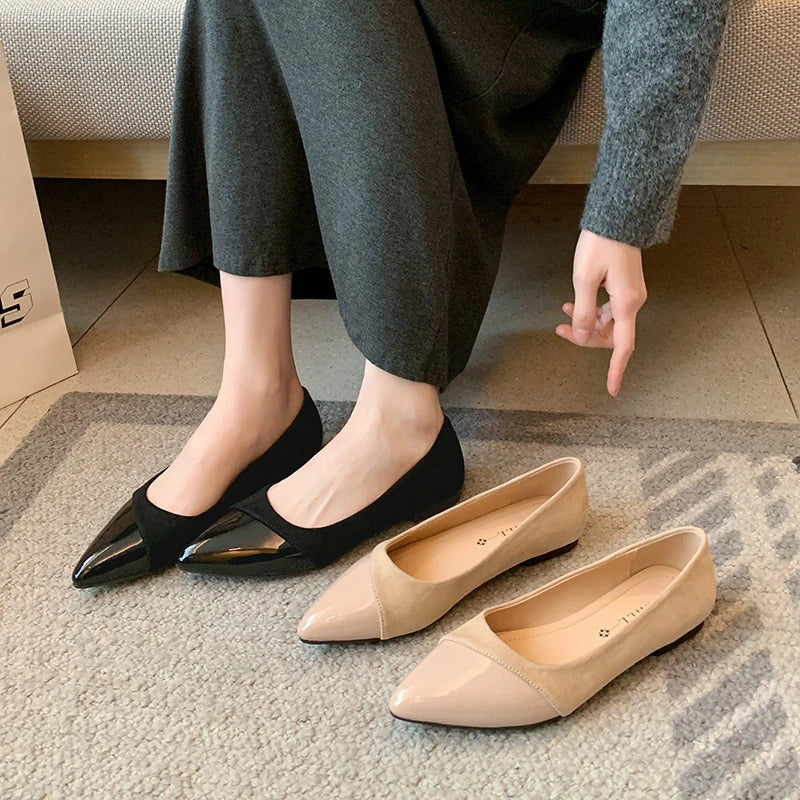 Womens Black Beige Two Tone Pointed Toe Ballet Flats Patent Leather Zpaxo