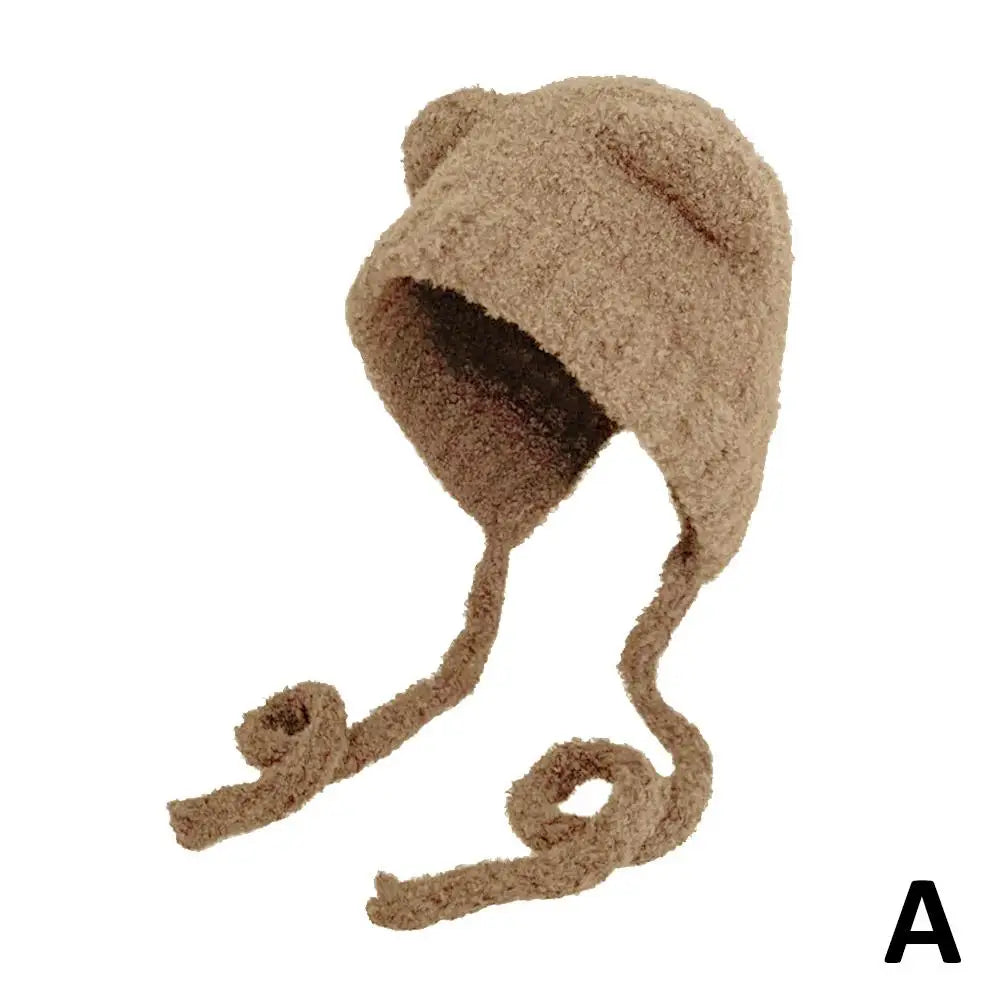 Autumn/Winter Cute Plush Wool Hat with Bear Ear Cold-proof Windproof Knitted Hat Long-lasting Warm for Women Girls Zpaxo A