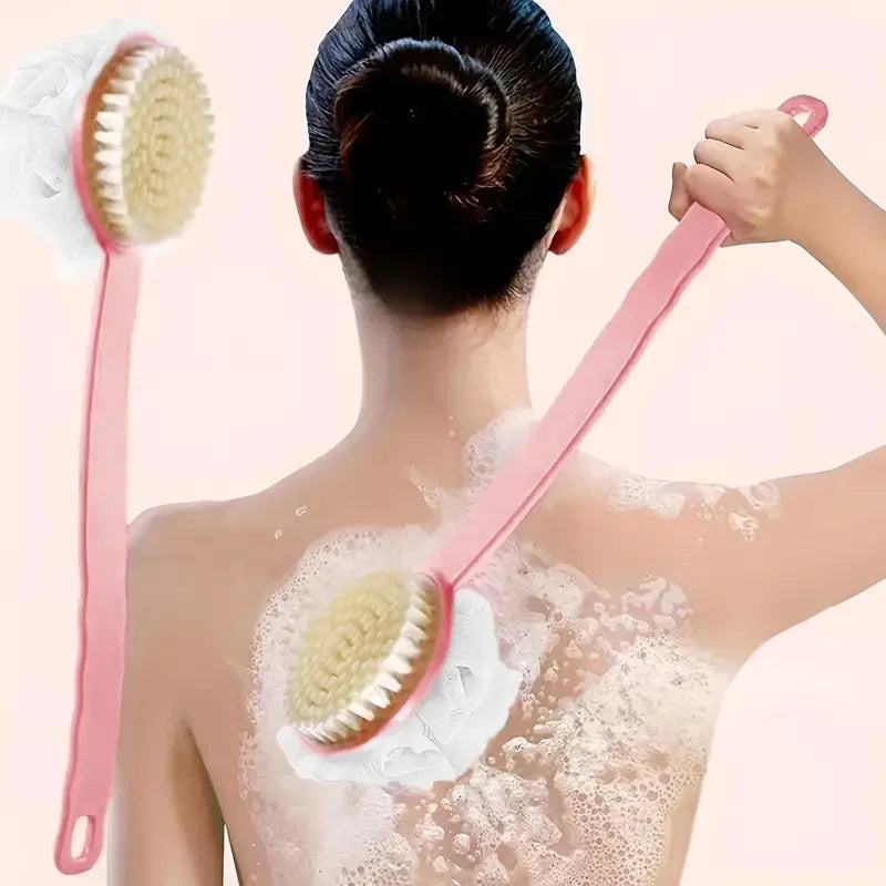 Dual-purpose long-handled bath brush with soft bristles for home use, with bath flower, for scrubbing back during bath Zpaxo