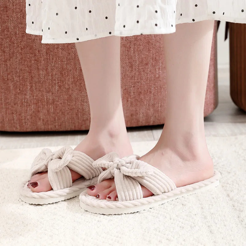 Women's Bow Flat Heel Slippers Home Non-slip Open-toe Breathable All