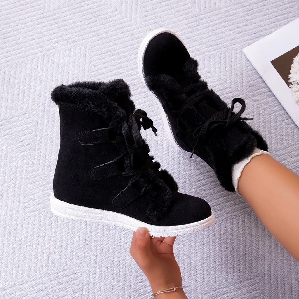 Women Shoes Winter New Plush Waterproof Anti-Slip Women Snow Boots Thermal Insulation Lace Up Outdoor Mid Calf Boots for Women Zpaxo black 42