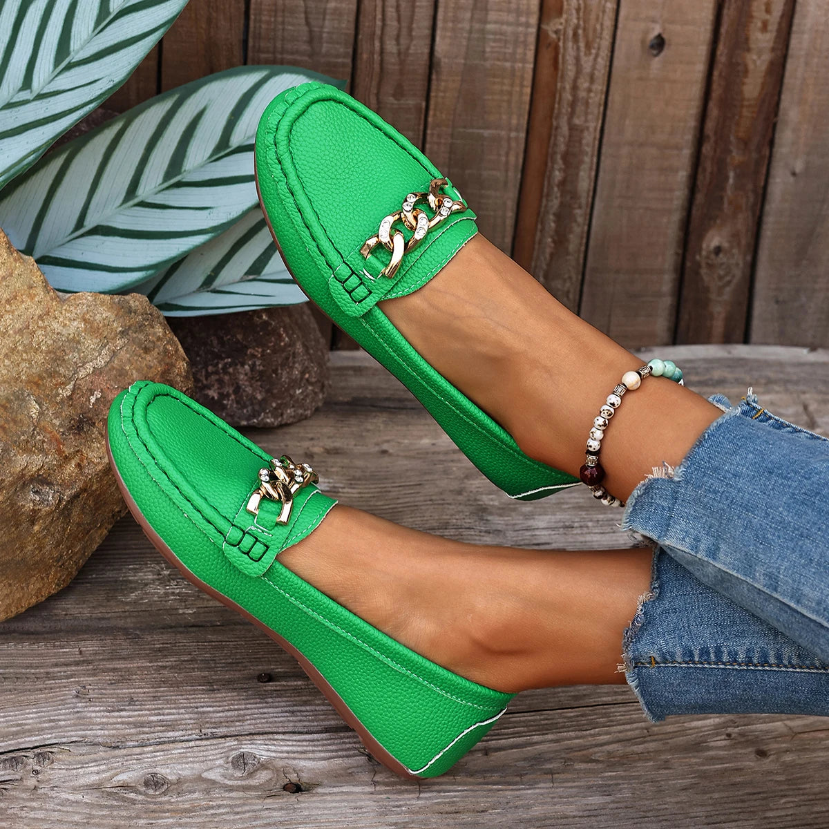 Women's Casual Metal Chain Decoration Single Shoes Spring Autumn Zpaxo green 41