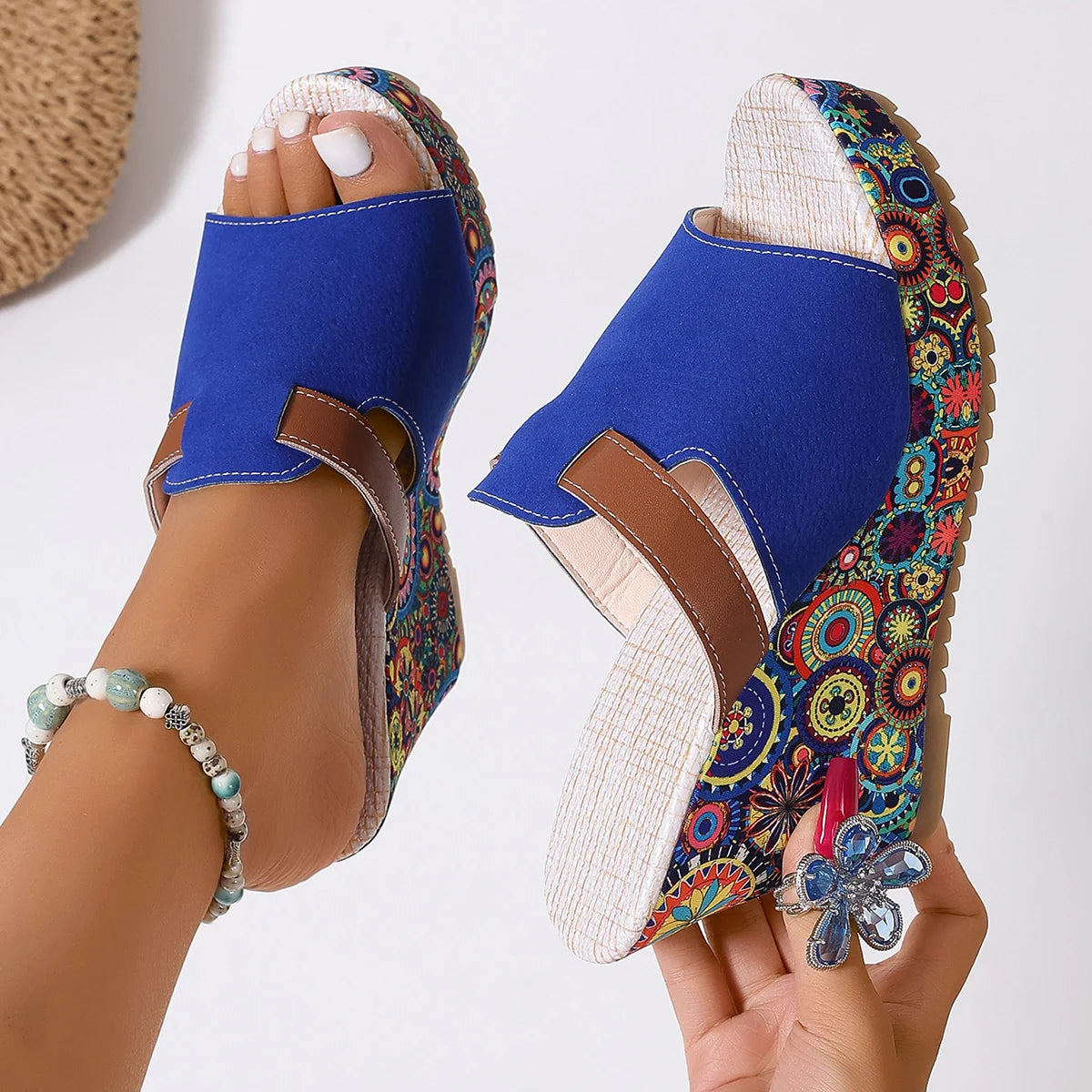 Summer Women Sandals Floral Print Wedge Heel Sandals Women Ethnic Style Chunky Platform Shoes Woman Thick Bottom Peep Toe Shoes Zpaxo