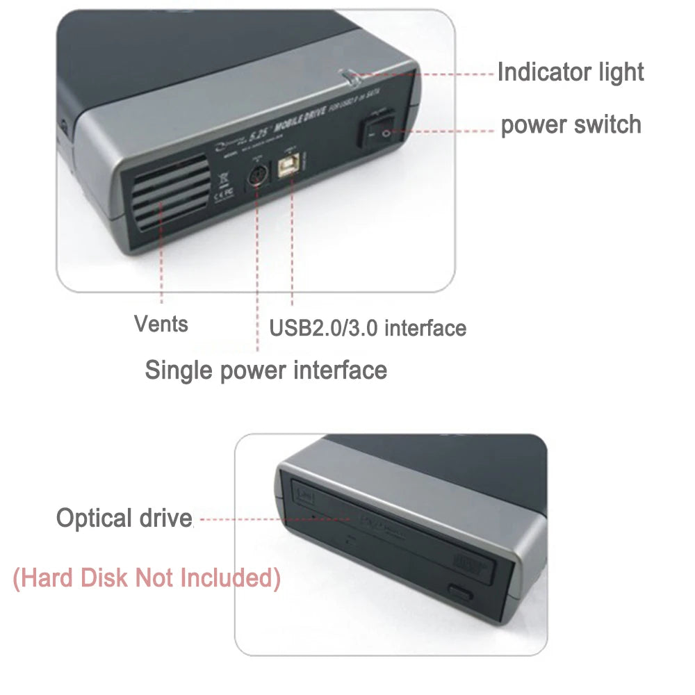 5.25inch External Hard Drive Enclosure USB3.0/2.0 To SATA Hard Disk Box Support DVD External Hard Drive Case 16 Speed Recording Zpaxo