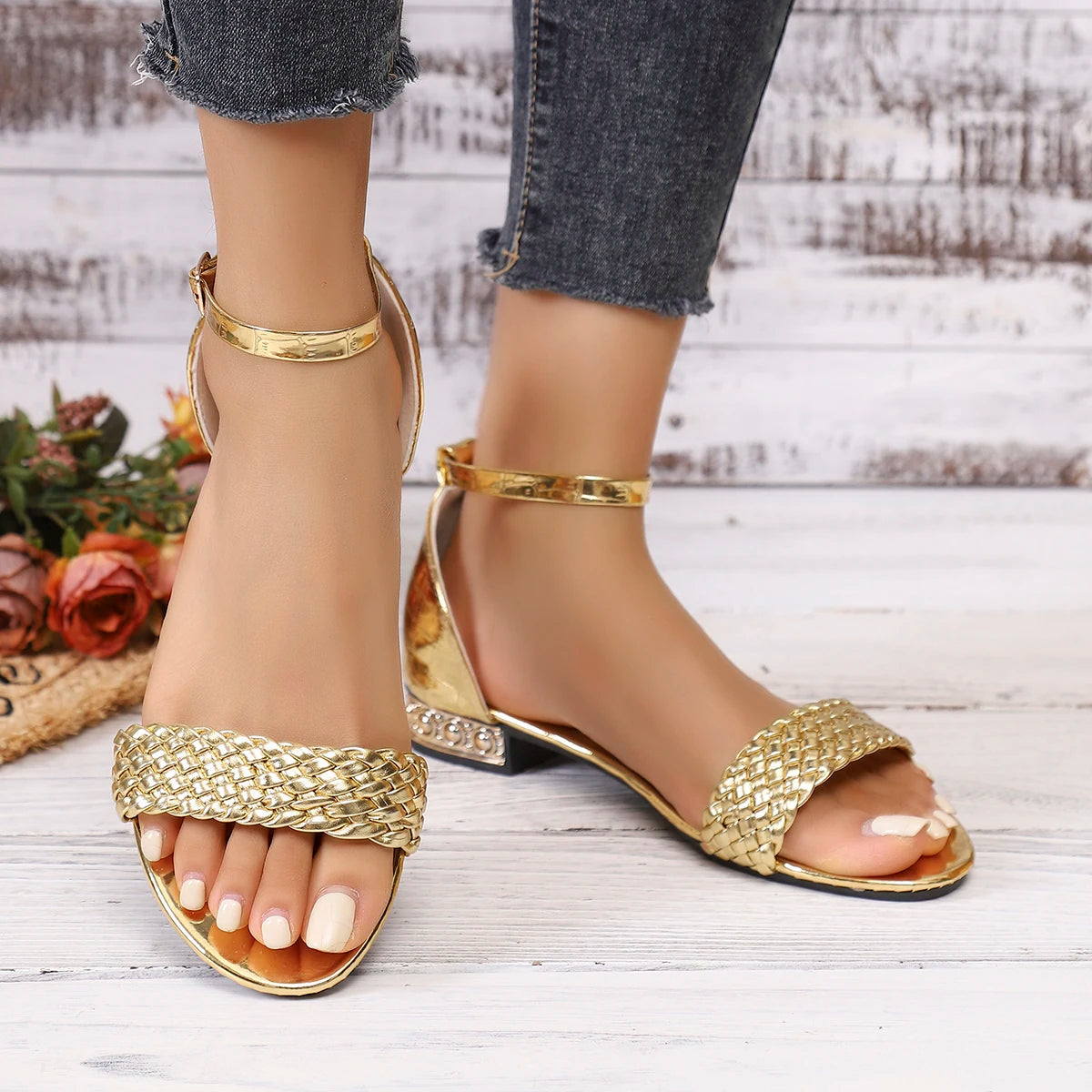 Women Sandals 2026 New Woven Band Thick Heel Shoes for Women Plus Size Ankle Buckle Casual Shoes Woman Comfy High Heels Sandals Zpaxo Gold 36