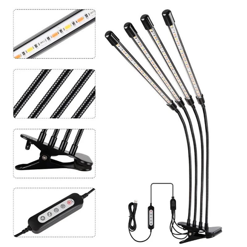 Full Spectrum LED Grow Light 4-Head 40W Dimmable + Remote