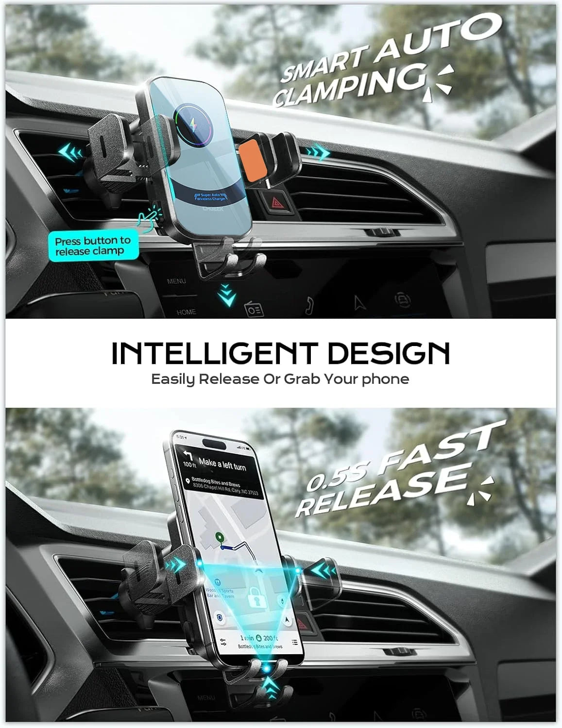 UYUXIO Wireless Car Charger Fast Charging Auto Clamping Air Vent