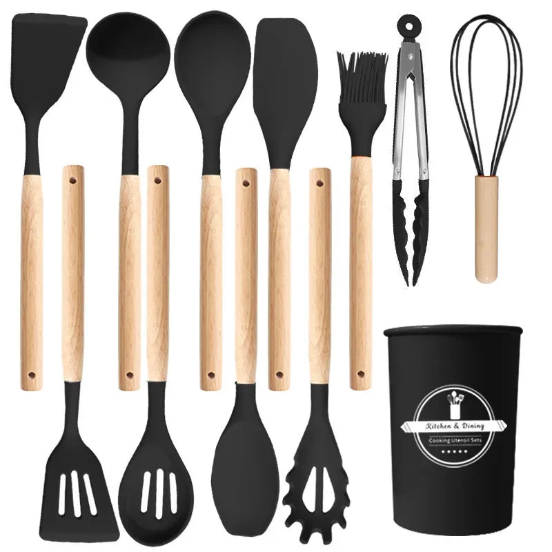12Pcs/5pcs Silicone Kitchenware Non-Stick Cookware Kitchen Utensils Set Spatula Shovel Egg Beater Wooden Handle Cooking Tool Set Zpaxo Black 12Pcs