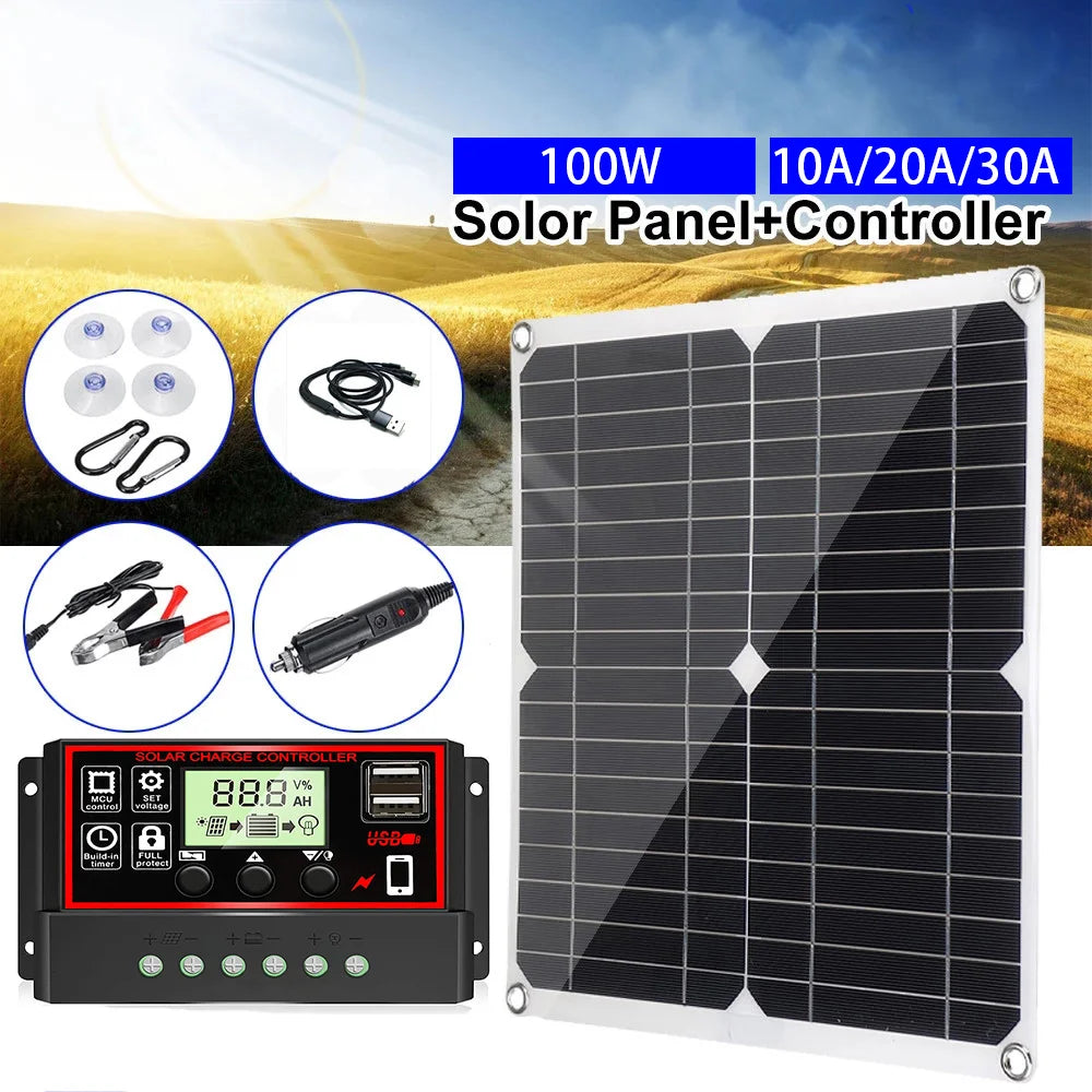 Solar Panel Set 100W Kit Controller Portable USB Generator System 12V 24V Electric Energy Power Charger Camping Board 10/20/30A Zpaxo