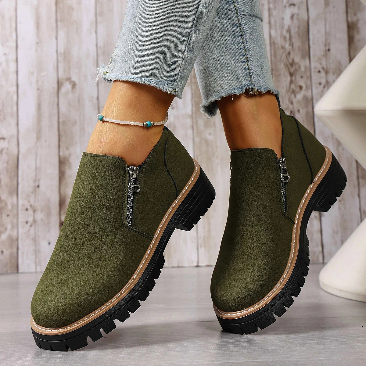 Women Boots 2025 New Plus Size Platform Shoes Side Zipper Short Shoes Thick Sole Ankle Boots Fashion Comfortable Boots for Women Zpaxo army green 41