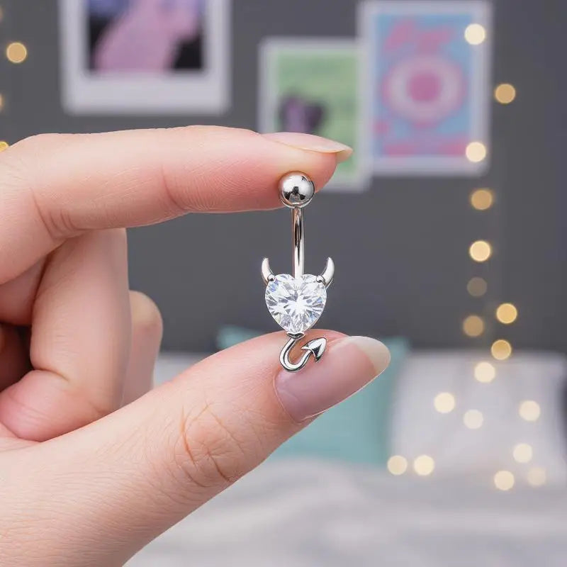 Steel Belly Button Ring Heart Cubic Zirconia Cute Devil Design Daily Zpaxo