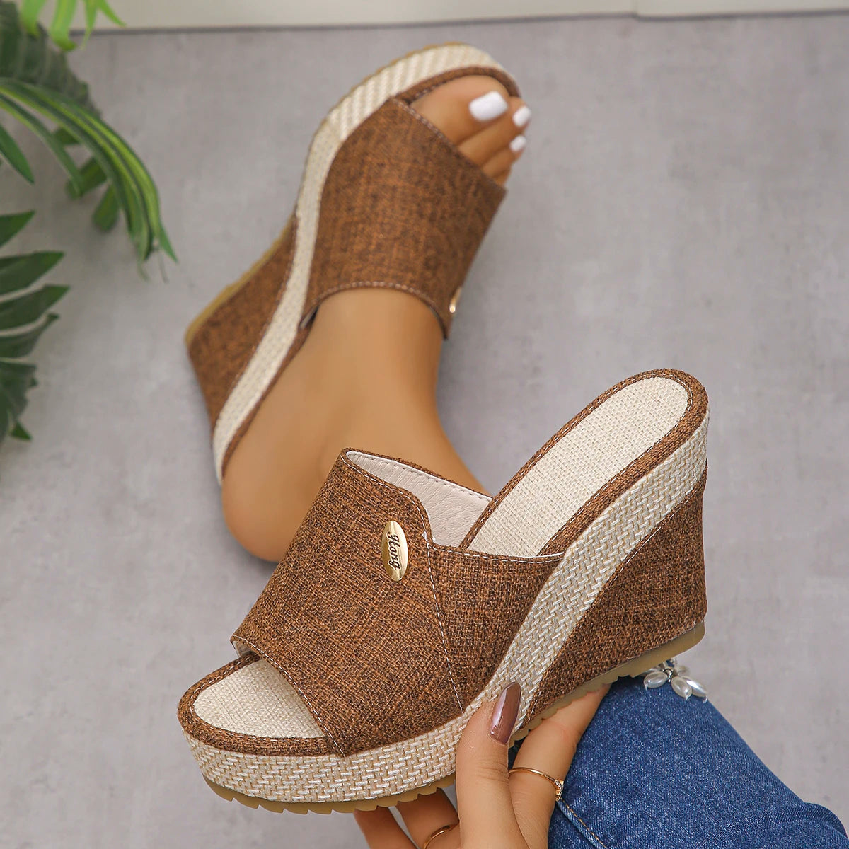 2025 Women Wedges Sandals Summer Heels Shallow Outdoor Beach Platform Zpaxo Brown 41