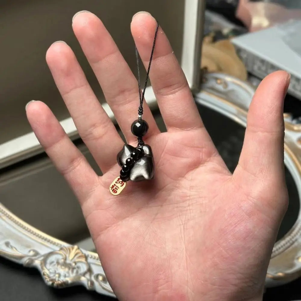 Silver Obsidian Cat Lucky Keychain Bag Charms Hanging Braid Rope Zpaxo