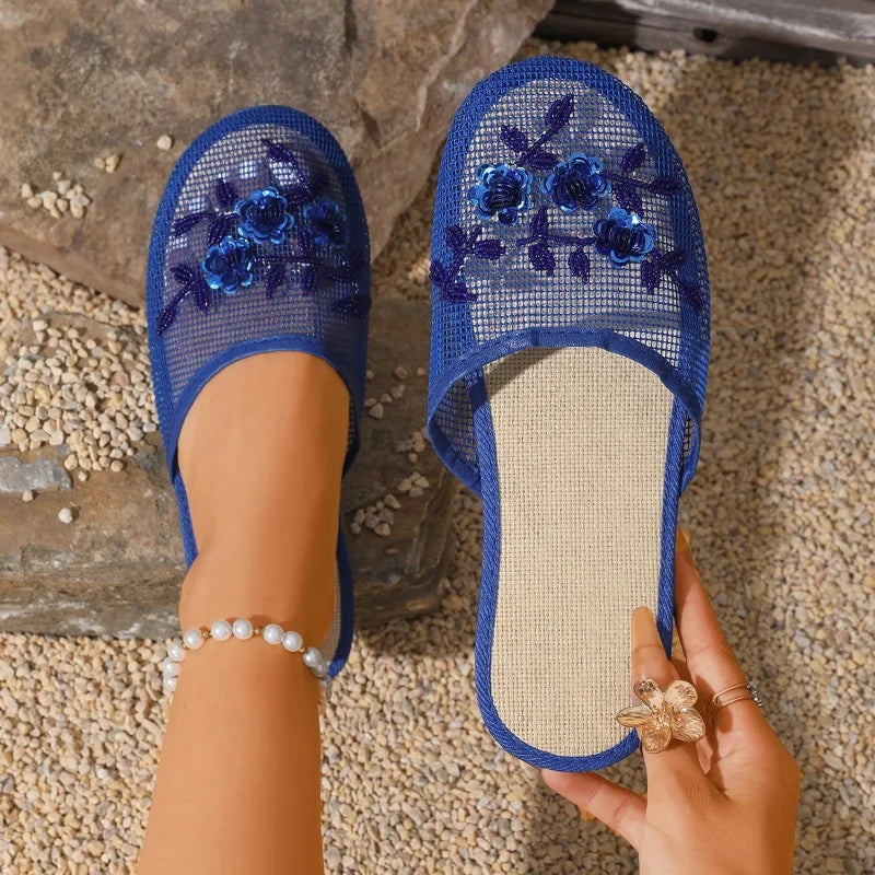 Mesh Breathable Slippers Embroider Sequin Flower Women's Mules Shoes Zpaxo Blue 41