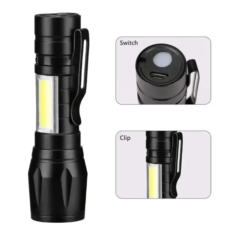 2-Pack Mini COB LED Rechargeable Flashlight – Zoomable Torch