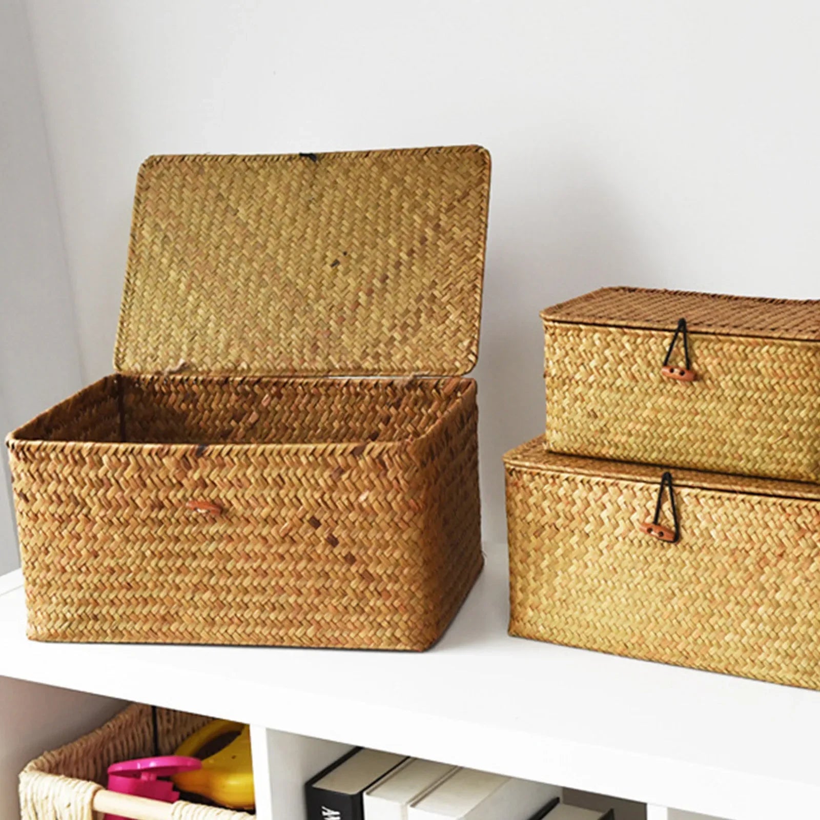 Handcrafted Woven Seagrass Storage Basket with Lid & Divider Woven Storage Basket Zpaxo