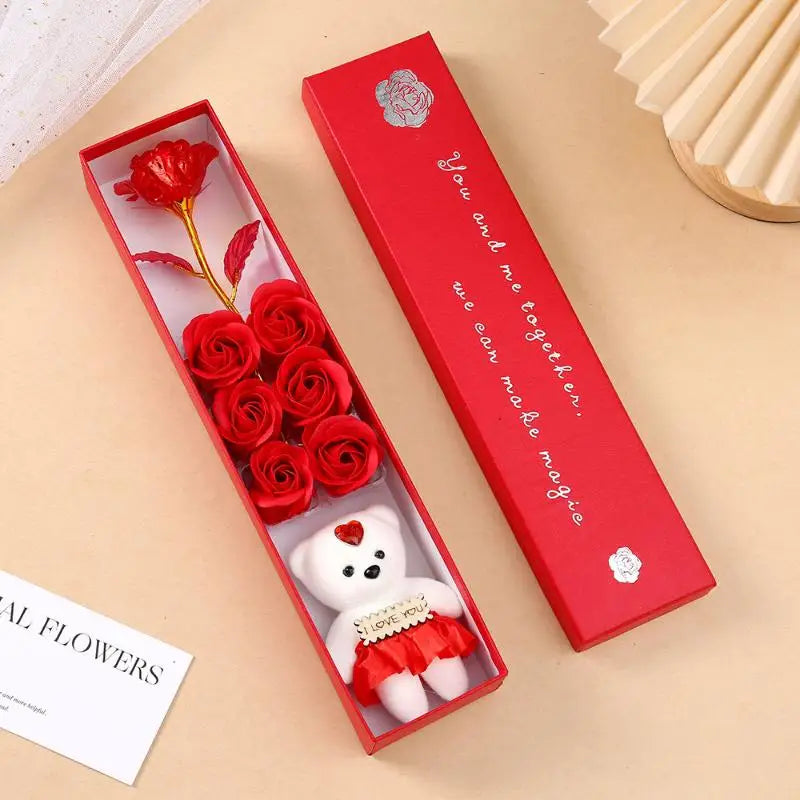 Plush Bear Artificial Flower Box Soap Rose Flowers Creative Romantic Zpaxo Red