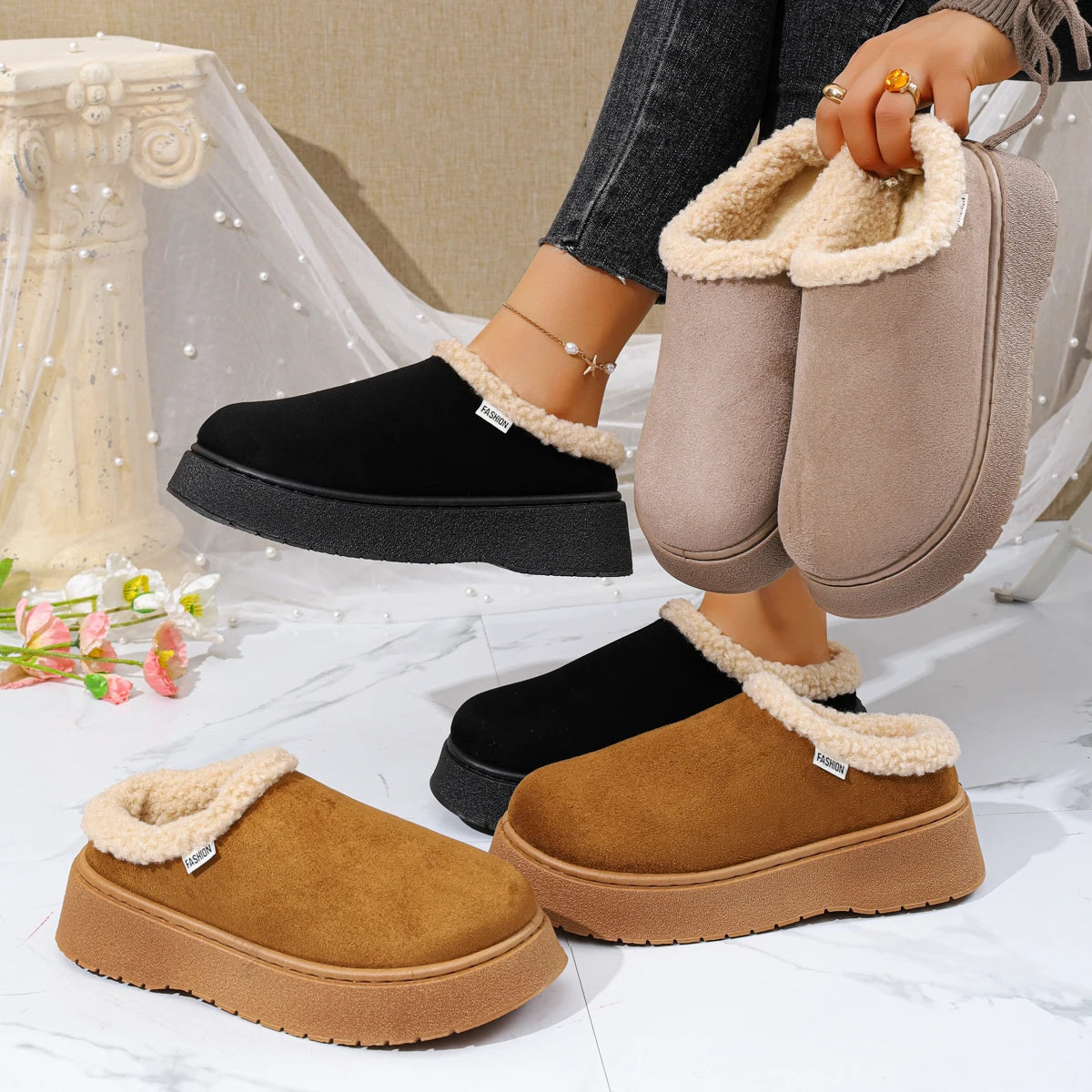 2025 new Women Ankle Boots Non Slip Plush Snow Boots Women Outdoor Warm Flat Cotton Shoes Women Winter Furry Platform Slippers Zpaxo