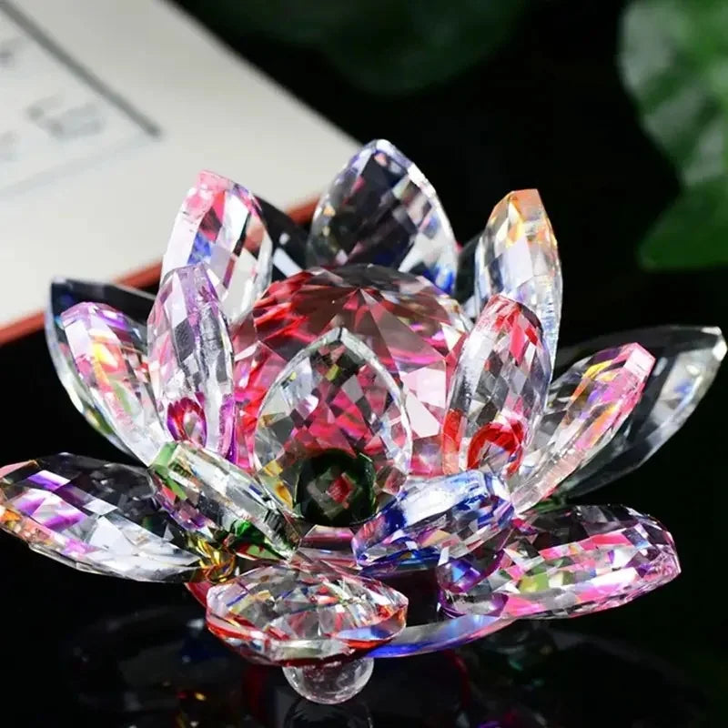 Crystal Lotus Flower Ornament Hand Cut Clear Glass Decor Feng Shui