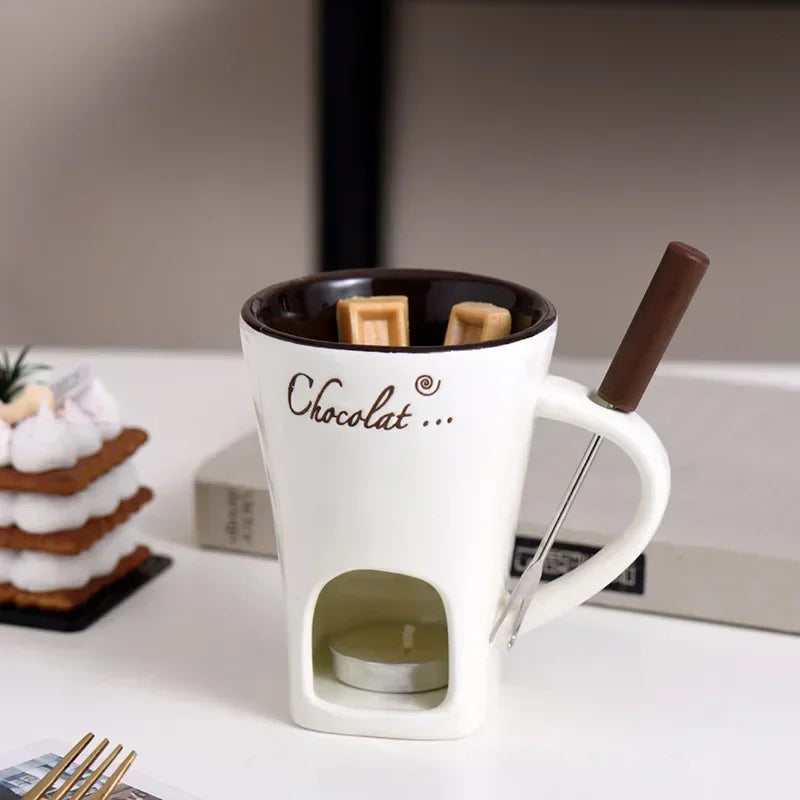 Ceramic Chocolate Melting Mug Set – Chafing Cup with Candle & Fork Ceramic Chocolate Mug Set Zpaxo 301-400ml White - C