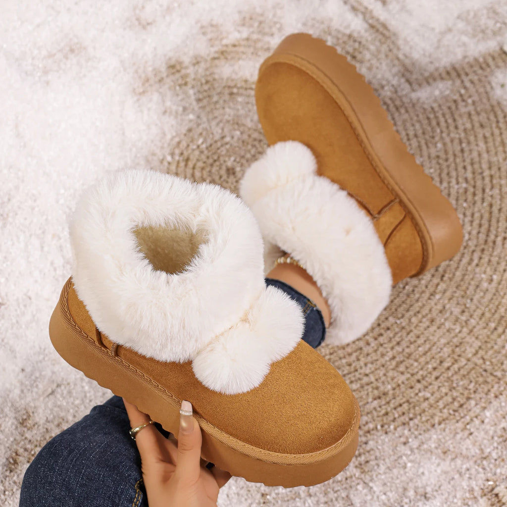 Fleece Lined Snow Boots with Ball Detail Low Top Booties Women Warm and Wear Resistant Shoes Winter Korean Style Cotton Shoes Zpaxo camel 42