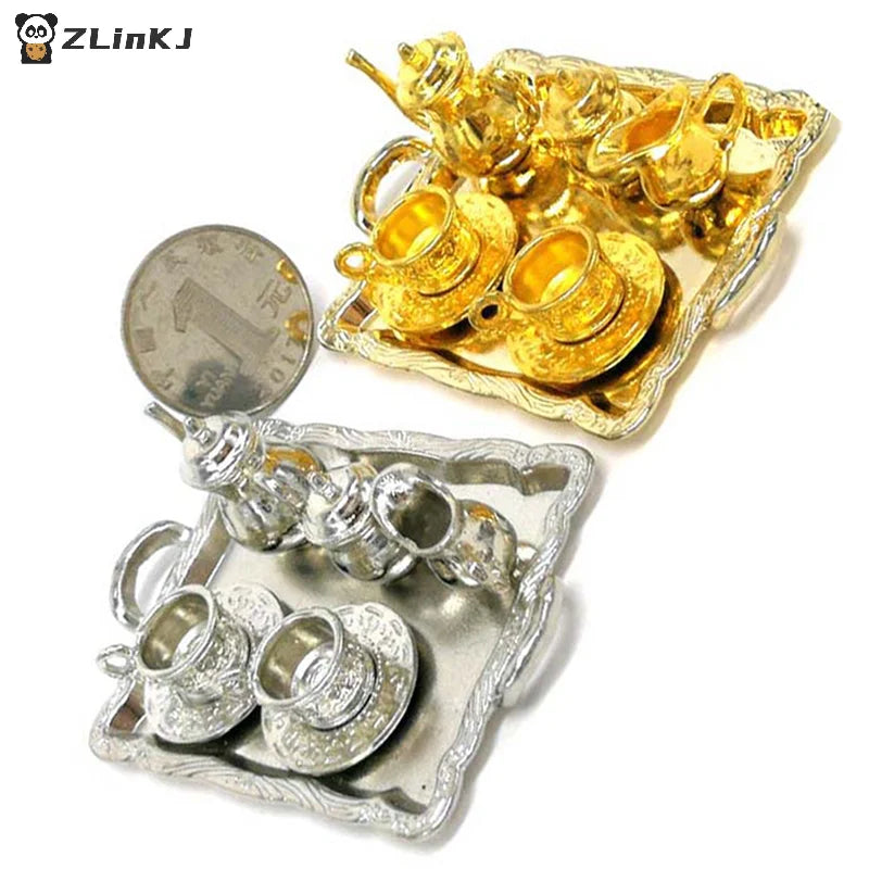 ▶10Pcs 1: 12 Dollhouse Furniture Miniature Dining Ware Metal Tea Cup Plate Set Zpaxo