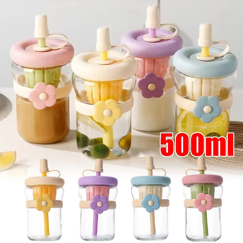 Glass Flower Cartoon Tea Strainer Cold Brew Straw Tumbler Leak-proof