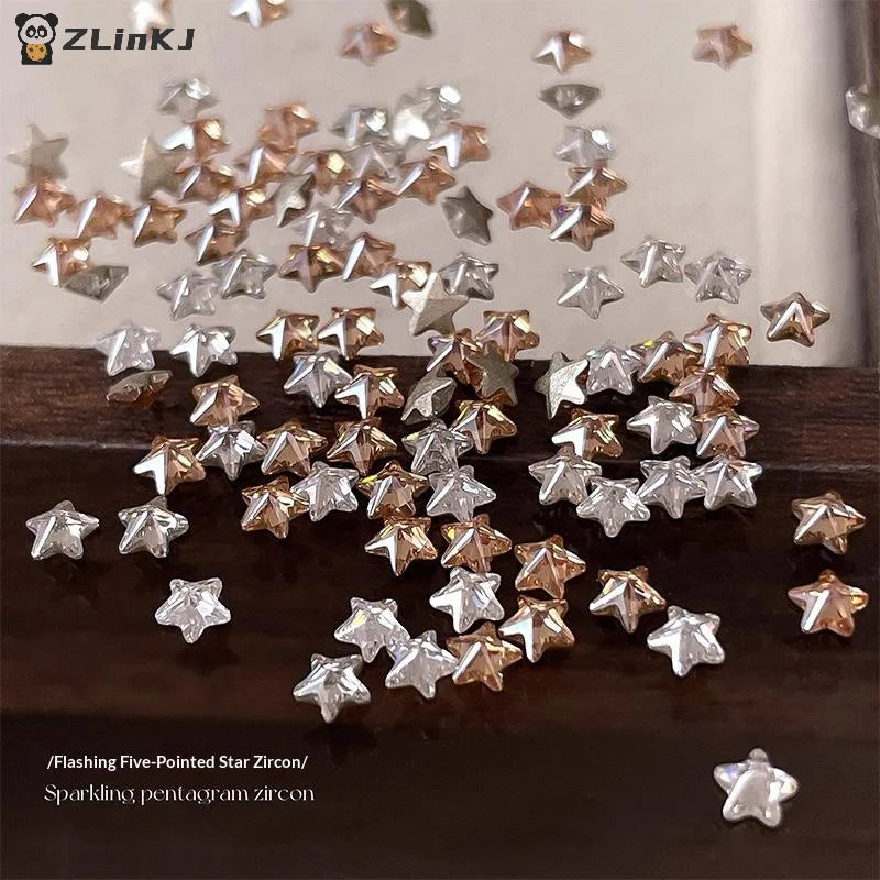 ▶50Pcs Star Zircon Nail Rhinestone Nail Art Charm Sparkle 3D Nail Rivet Flat Bottom Nail Decoration Parts DIY Manicure Zpaxo