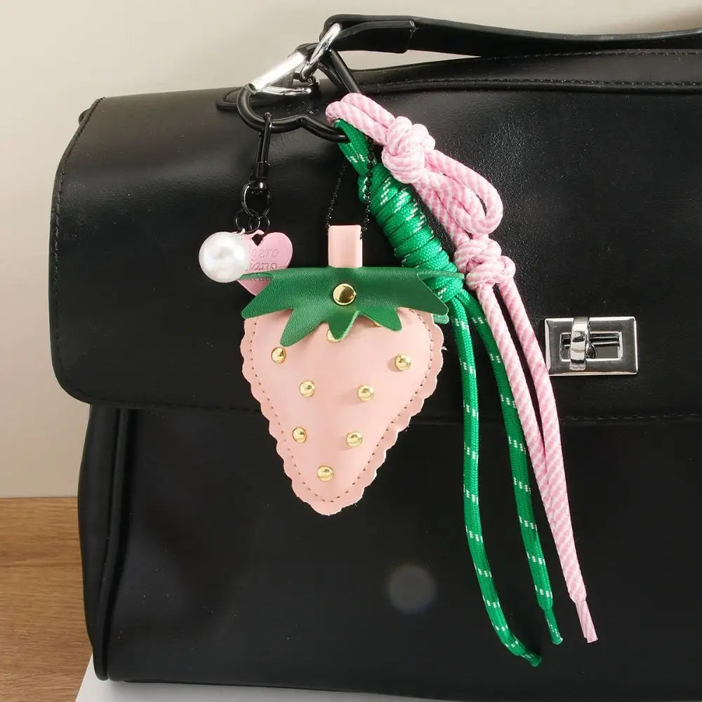 Woven Flower Strawberry Bag Pendant Cherry Backpack Accessories PU Leather Pendant Braided Rope Car Keyring Fruit Keychain Men Zpaxo