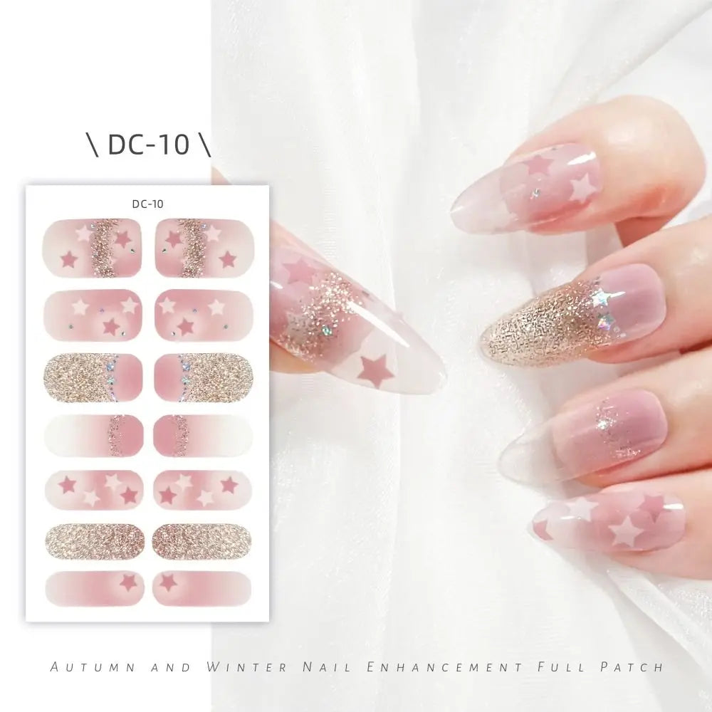 14 Strips Semi Cured Gel Nail Stickers Floristic Full Cover Gel Nail Polish Strips French Nail Art Glittering Nail Art Stickers Zpaxo DC-10